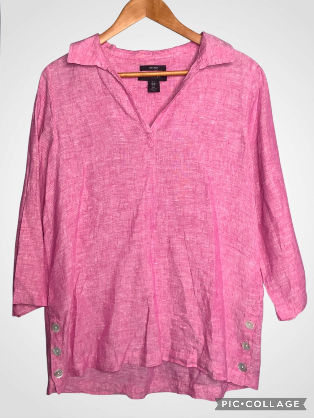 Tahari Pink Linen V-Neck Tunic with Button Side Tabs Medium